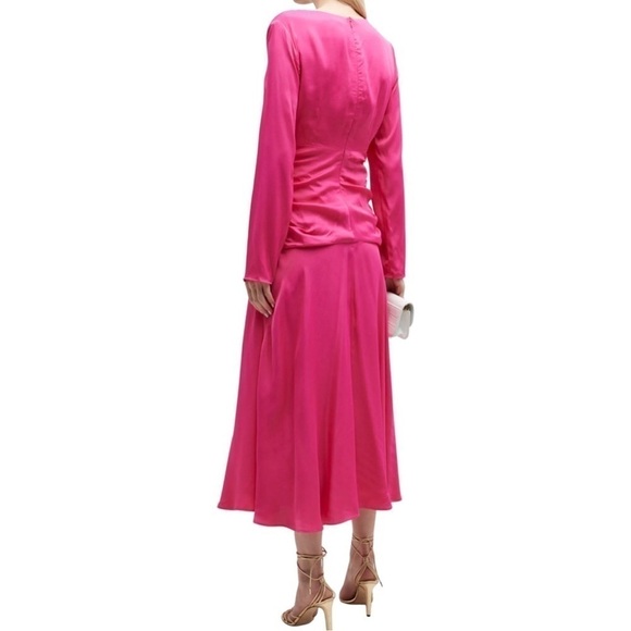 NWT FARM RIO Long-Sleeve Ruched-Waist Midi Dress Pink Fuchsia Sz S - Picture 3 of 4